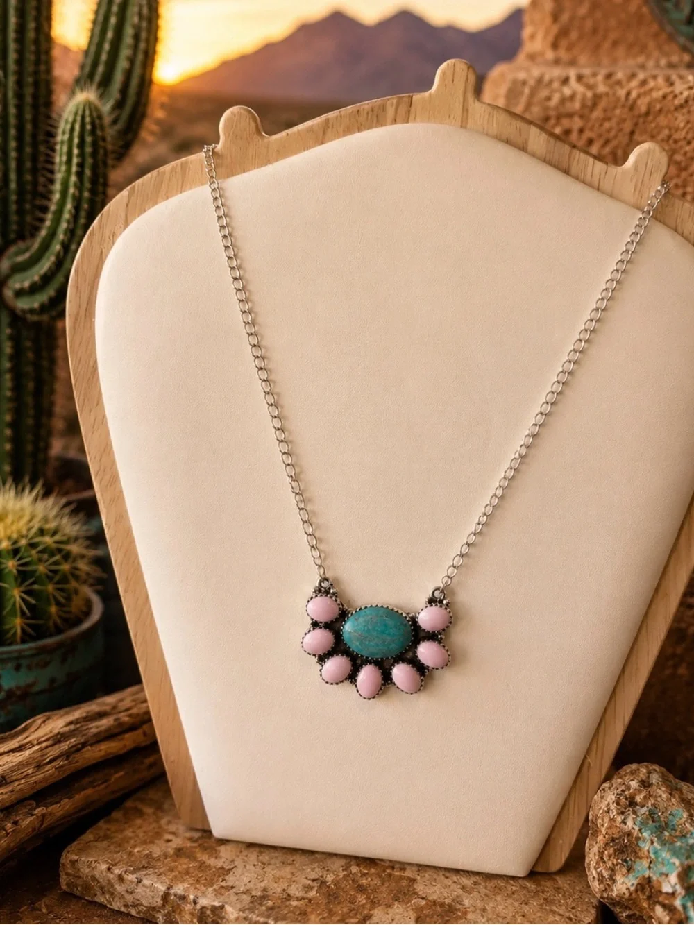 Authentic Kingman Turquoise & Pink Conch Sterling Silver Cluster Necklace - Picture 2 of 5